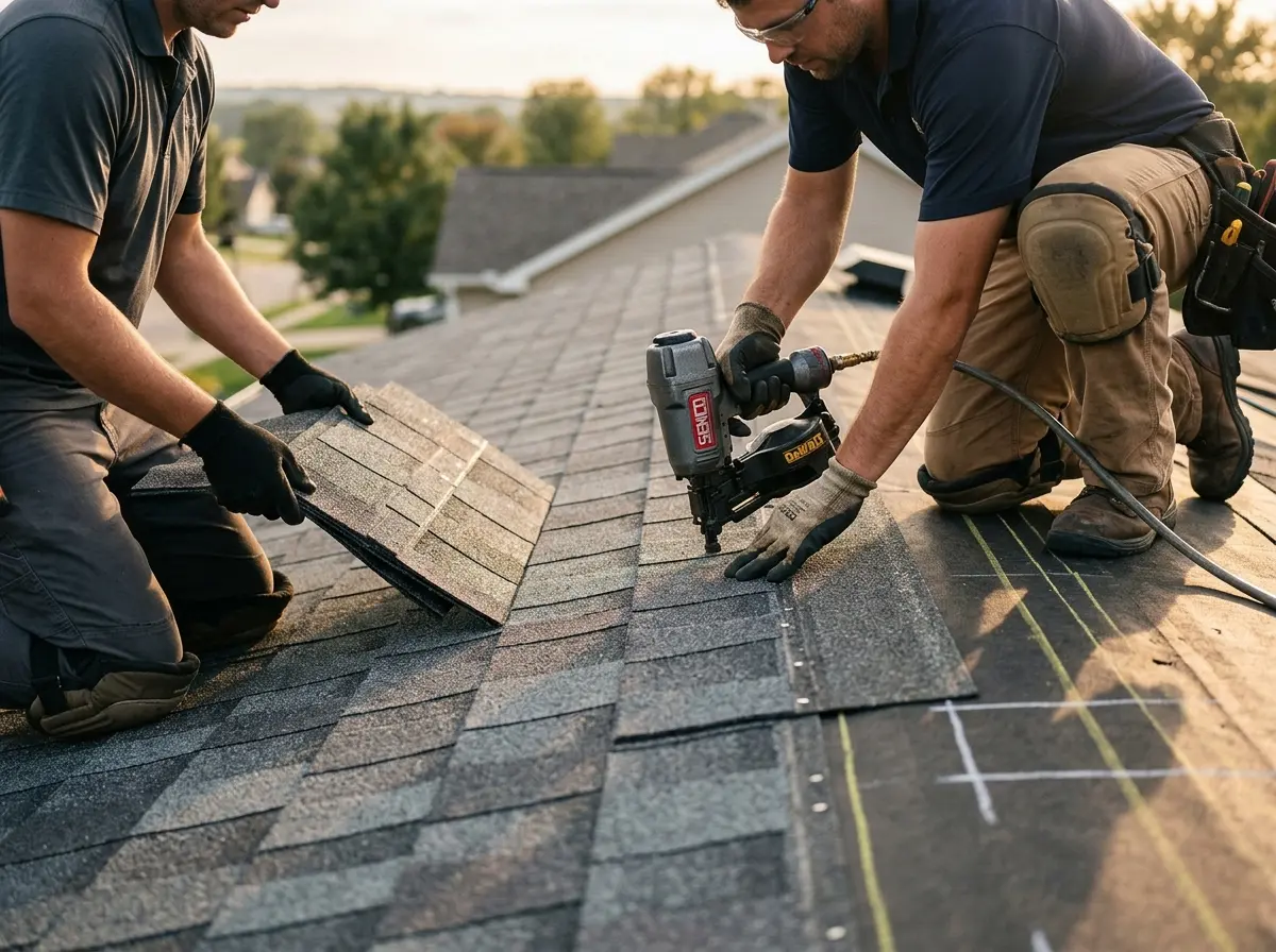 Professional roofer working on a residential roof in Stone Mountain
